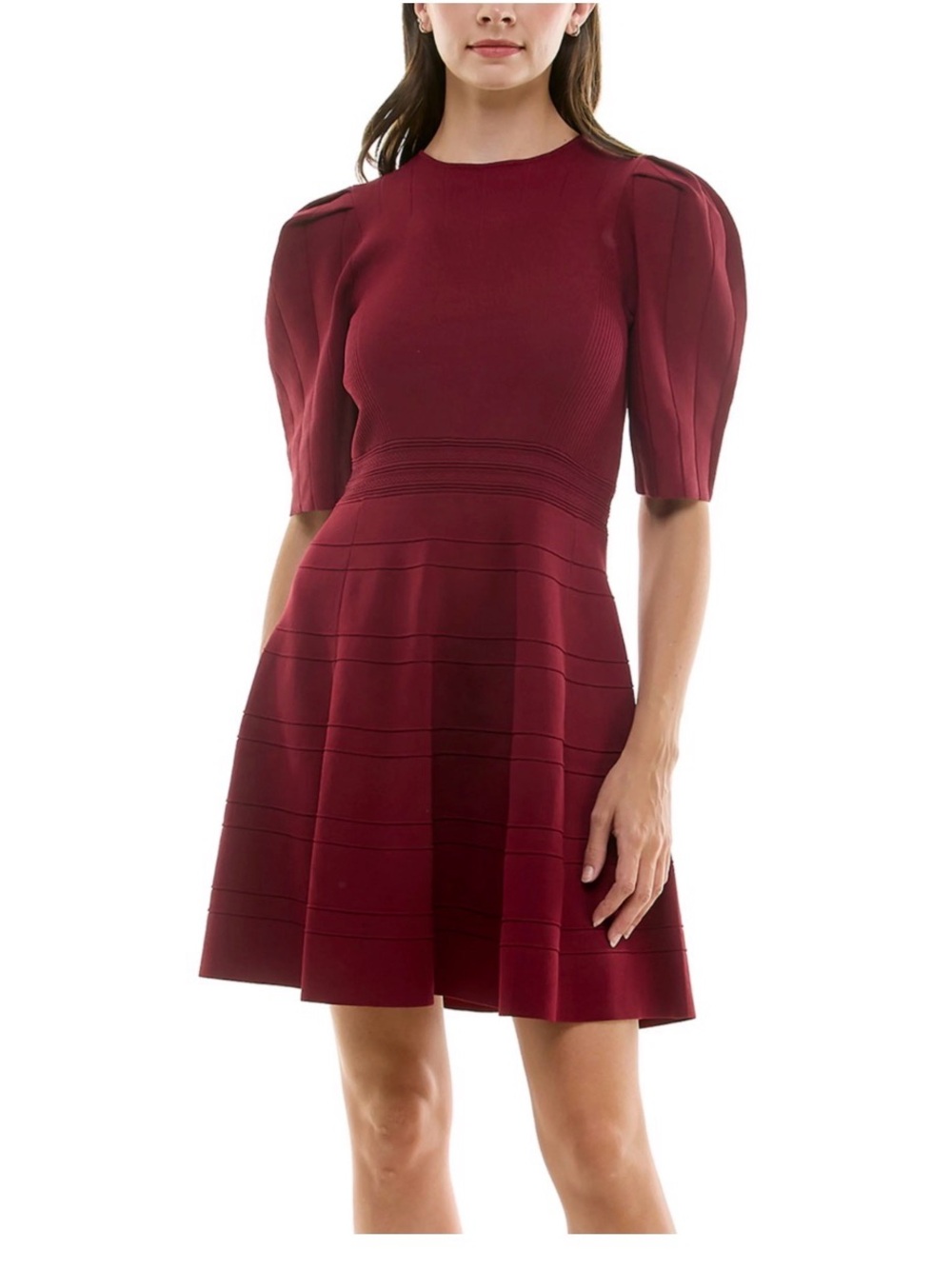 Nicole Miller Burgundy Fit & Flare Bandage Sweater Dress Sz L Puffed Sleeves